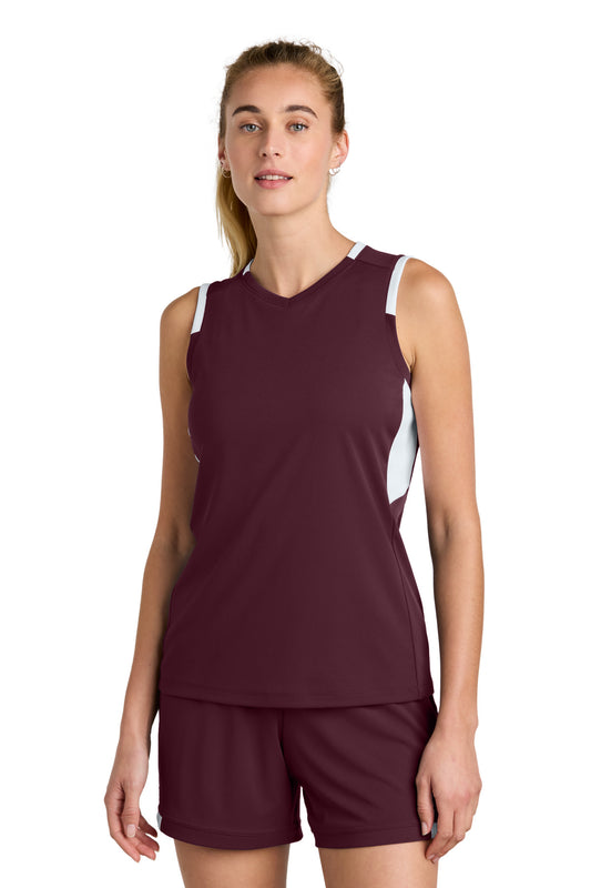 Sport-Tek Women's Club Sleeveless V-Neck LST441 Maroon/ White