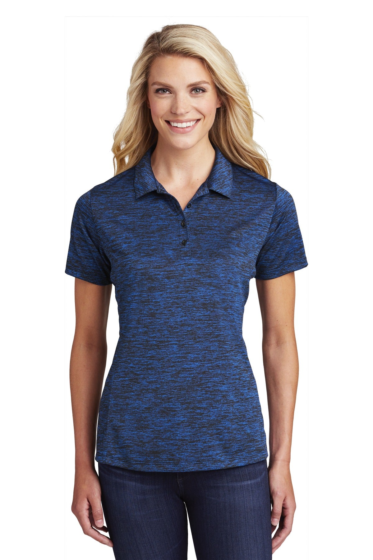 Sport-Tek  Women's PosiCharge  Electric Heather Polo. LST590 Dark Royal-Black Electric