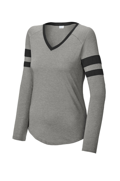Sport-Tek Women's Halftime Stripe Long Sleeve V-Neck Tee LST6043 Black/ Vintage Heather