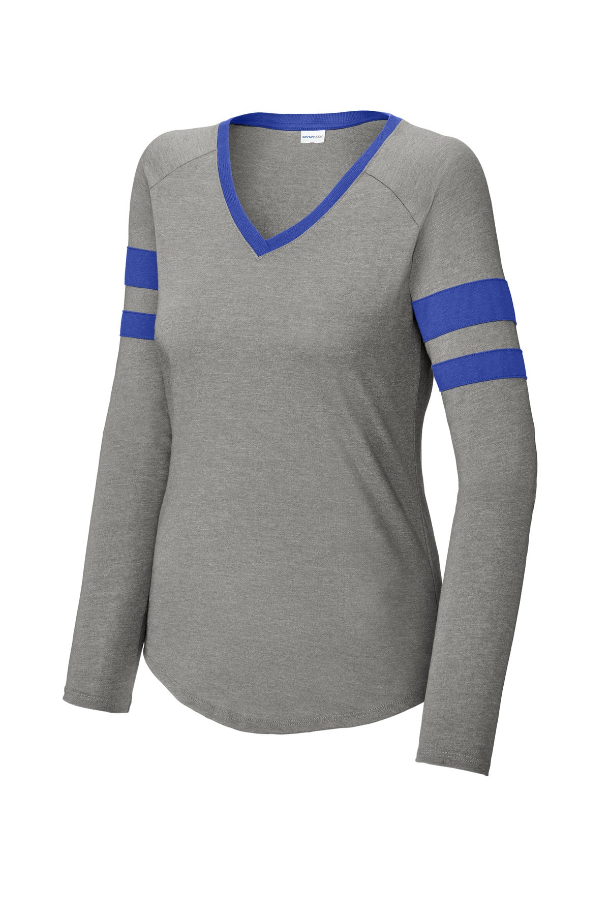 Sport-Tek Women's Halftime Stripe Long Sleeve V-Neck Tee LST6043 True Royal/ Vintage Heather