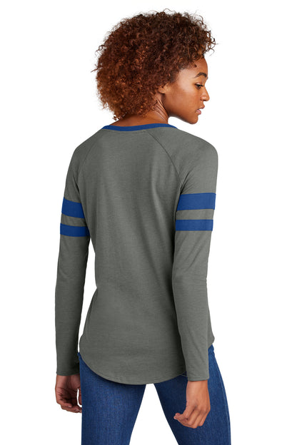 Sport-Tek Women's Halftime Stripe Long Sleeve V-Neck Tee LST6043 True Royal/ Vintage Heather