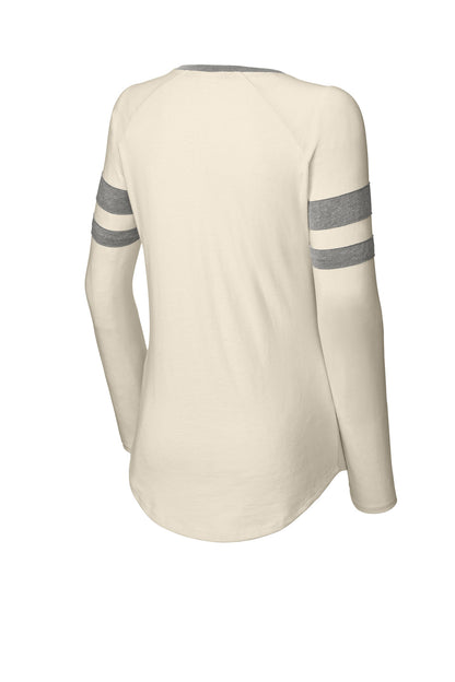Sport-Tek Women's Halftime Stripe Long Sleeve V-Neck Tee LST6043 Vintage Heather/ Ecru