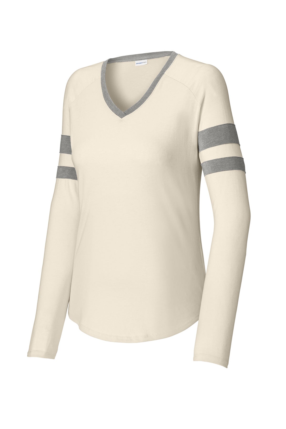Sport-Tek Women's Halftime Stripe Long Sleeve V-Neck Tee LST6043 Vintage Heather/ Ecru