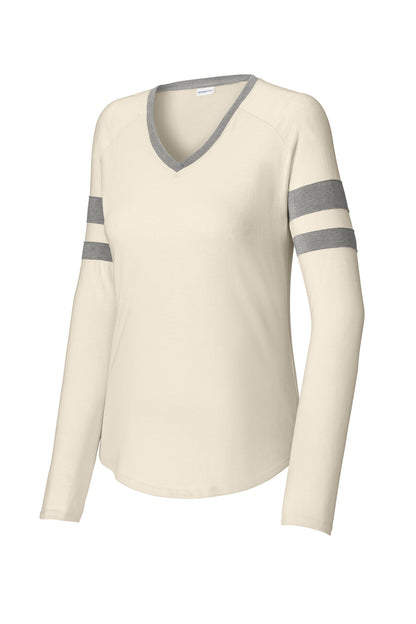 Sport-Tek Women's Halftime Stripe Long Sleeve V-Neck Tee LST6043 Vintage Heather/ Ecru