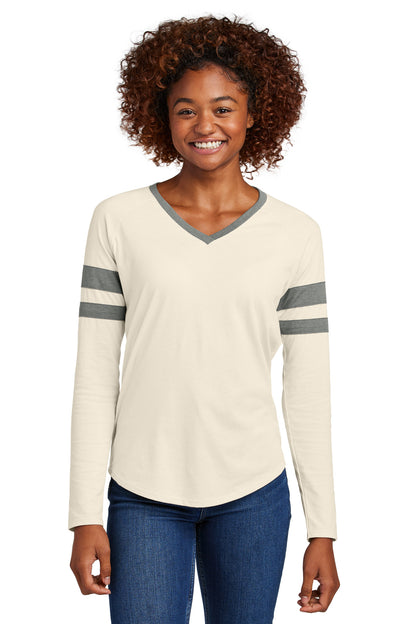 Sport-Tek Women's Halftime Stripe Long Sleeve V-Neck Tee LST6043 Vintage Heather/ Ecru