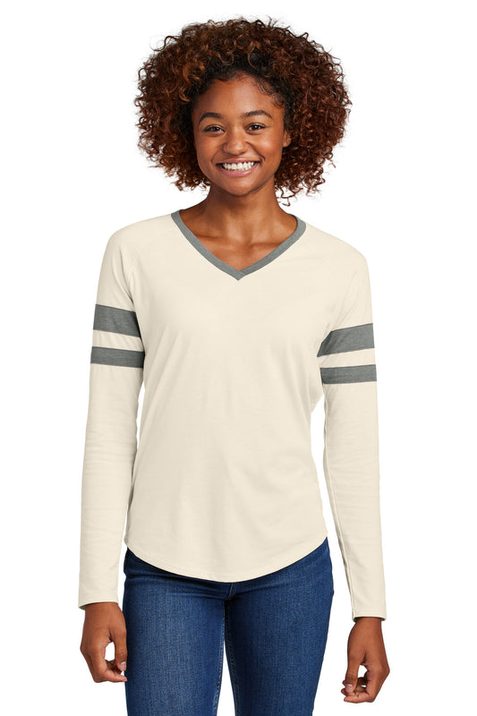 Sport-Tek Women's Halftime Stripe Long Sleeve V-Neck Tee LST6043 Vintage Heather/ Ecru
