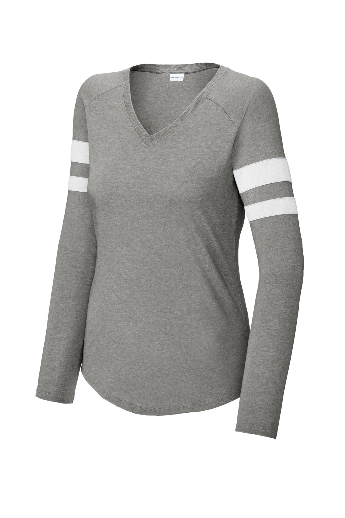 Sport-Tek Women's Halftime Stripe Long Sleeve V-Neck Tee LST6043 White/ Vintage Heather