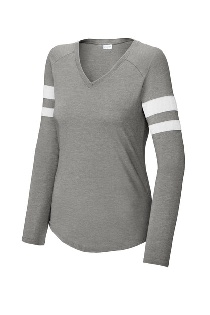 Sport-Tek Women's Halftime Stripe Long Sleeve V-Neck Tee LST6043 White/ Vintage Heather
