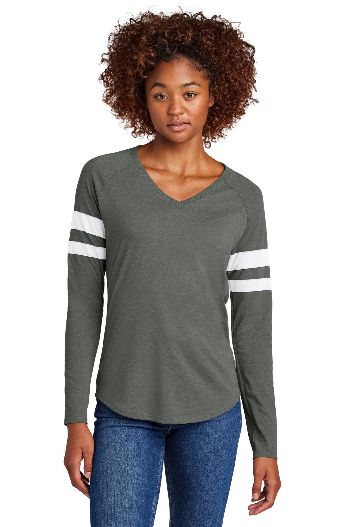 Sport-Tek Women's Halftime Stripe Long Sleeve V-Neck Tee LST6043 White/ Vintage Heather