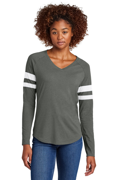 Sport-Tek Women's Halftime Stripe Long Sleeve V-Neck Tee LST6043 White/ Vintage Heather