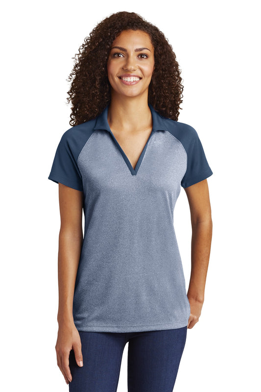 Sport-Tek  Women's PosiCharge  RacerMesh  Raglan Heather Block Polo. LST641 True Navy Heather/ True Navy