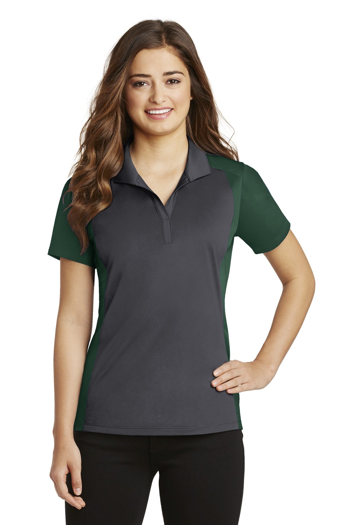 Sport-Tek Women's Colorblock Micropique Sport-Wick Polo. LST652 Iron Grey/ Forest Green