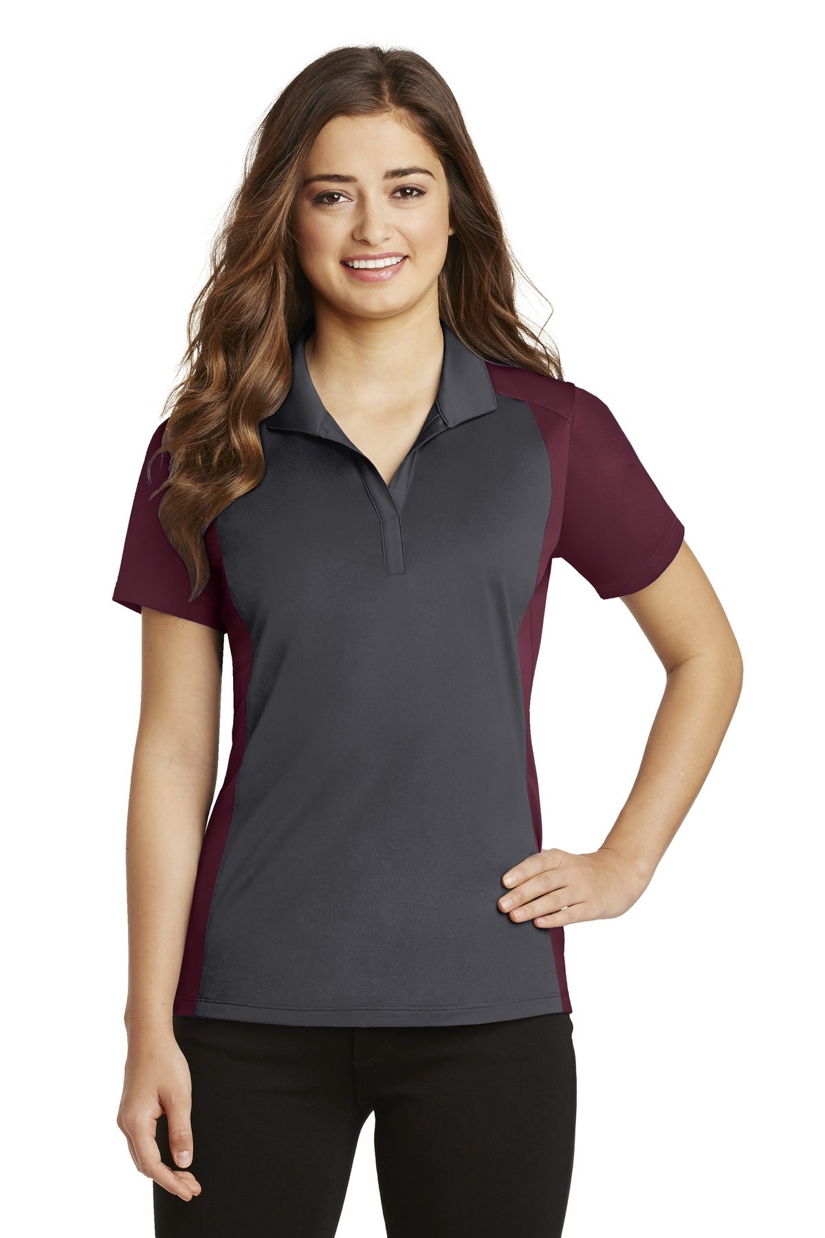 Sport-Tek Women's Colorblock Micropique Sport-Wick Polo. LST652 Iron Grey/ Maroon