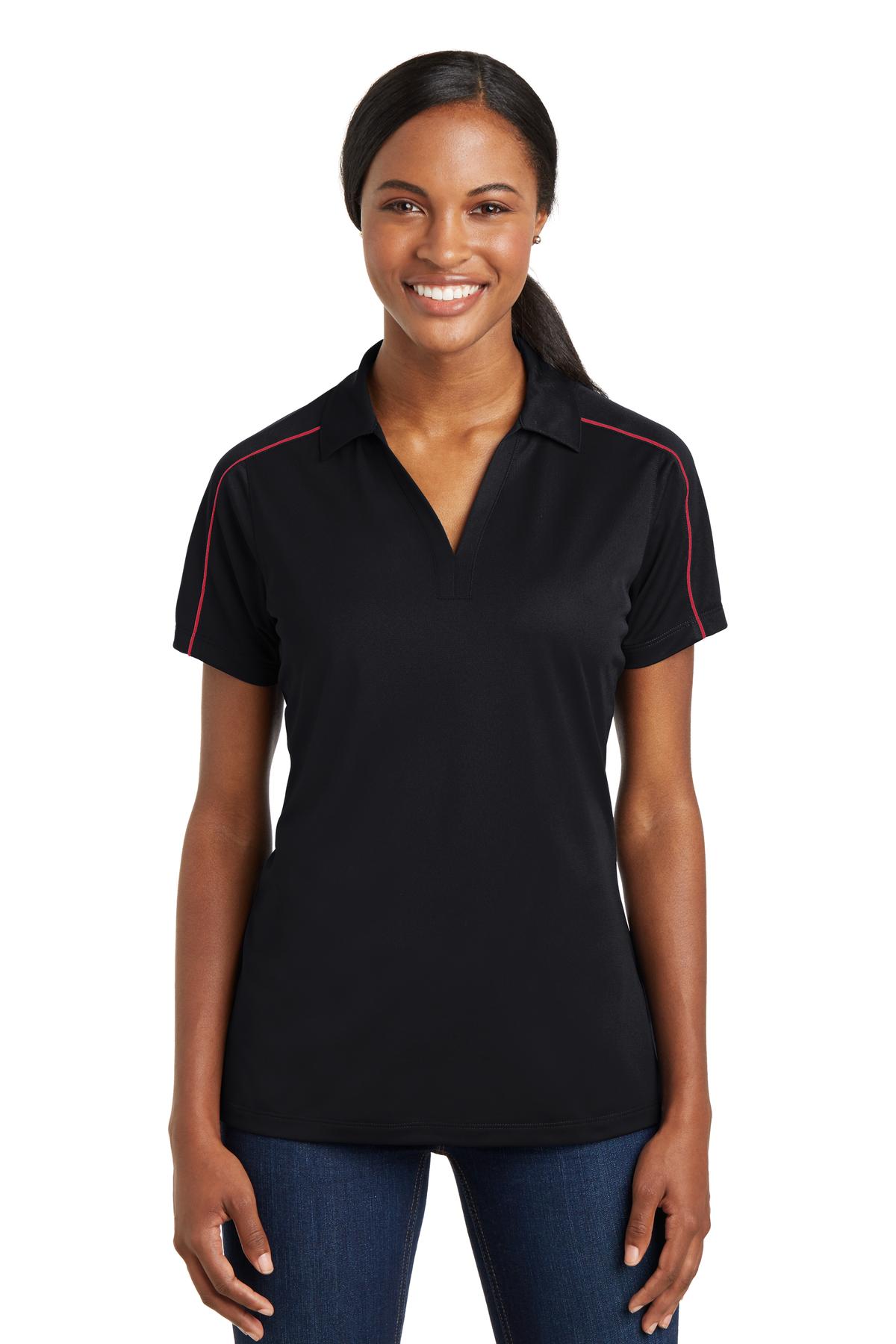 Sport-Tek Women's Micropique Sport-Wick Piped Polo. LST653 Black/ True Red