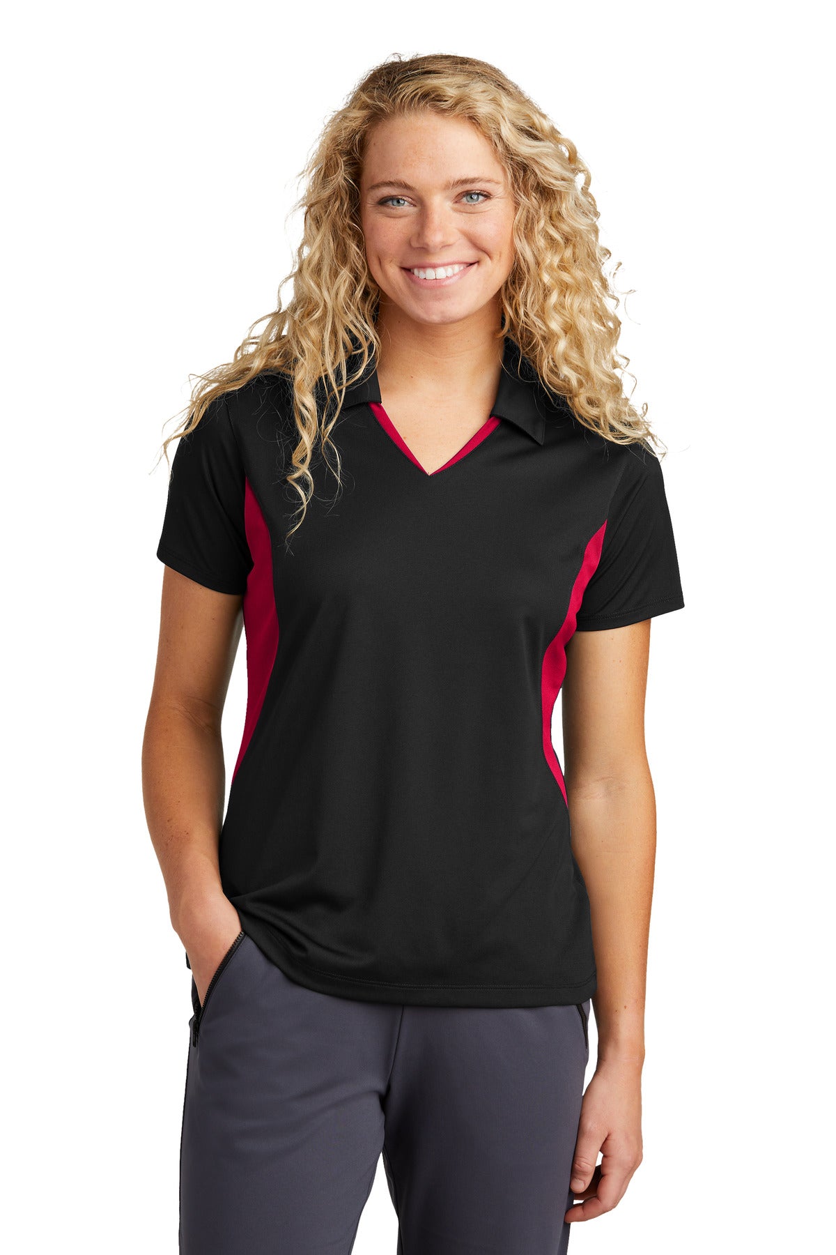 Sport-Tek Women's Side Blocked Micropique Sport-Wick Polo. LST655 Black/ Deep Red