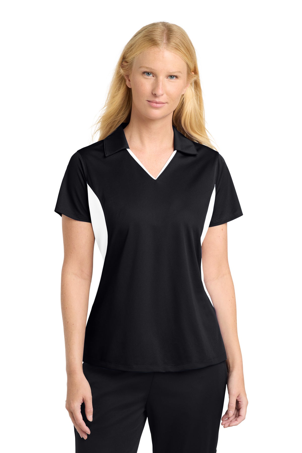 Sport-Tek Women's Side Blocked Micropique Sport-Wick Polo LST655 Black/ White