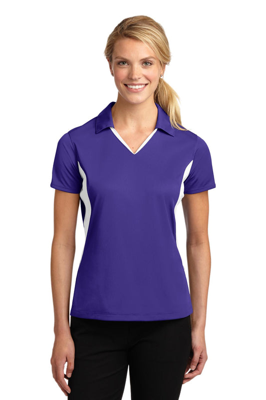 Sport-Tek Women's Side Blocked Micropique Sport-Wick Polo. LST655 Purple/ White