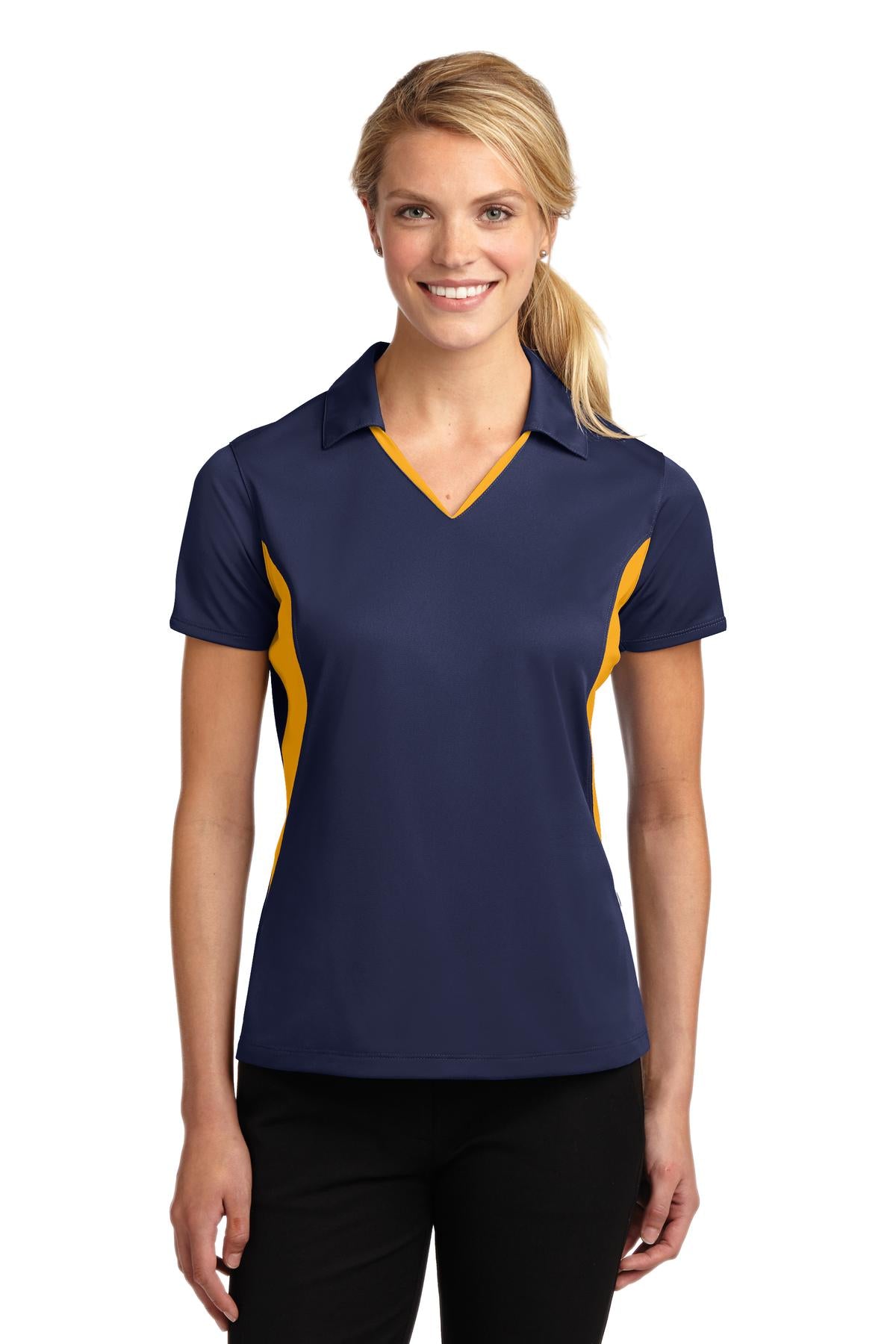 Sport-Tek Women's Side Blocked Micropique Sport-Wick Polo. LST655 True Navy/ Gold
