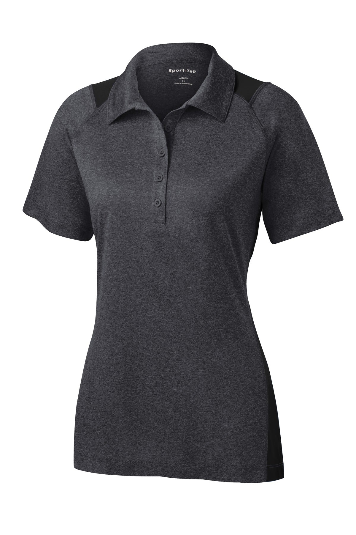 Sport-Tek Women's Heather Colorblock Contender Polo. LST665 Graphite Heather/ Black