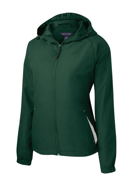 Sport-Tek Women's Colorblock Hooded Raglan Jacket. LST76 Forest Green/ White