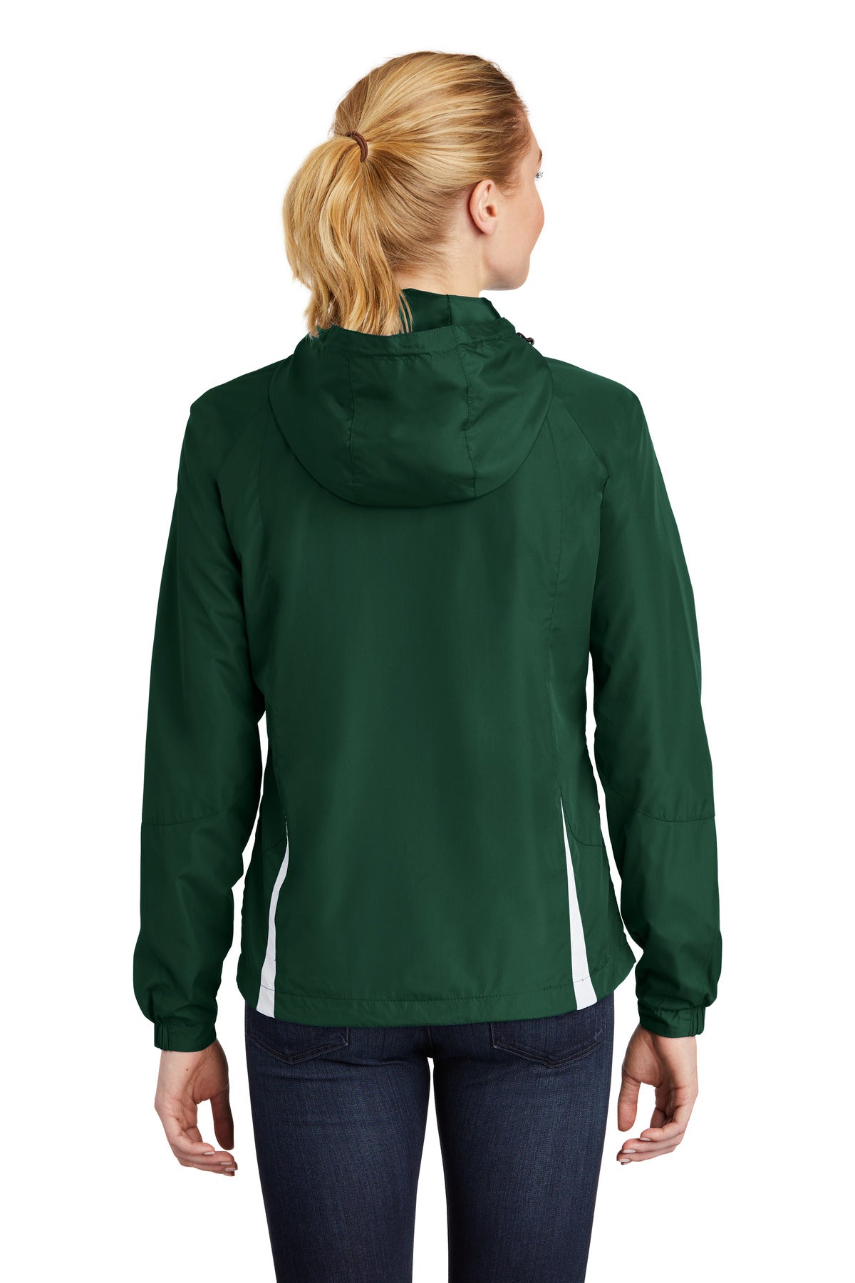Sport-Tek Women's Colorblock Hooded Raglan Jacket. LST76 Forest Green/ White