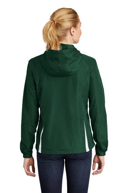 Sport-Tek Women's Colorblock Hooded Raglan Jacket. LST76 Forest Green/ White
