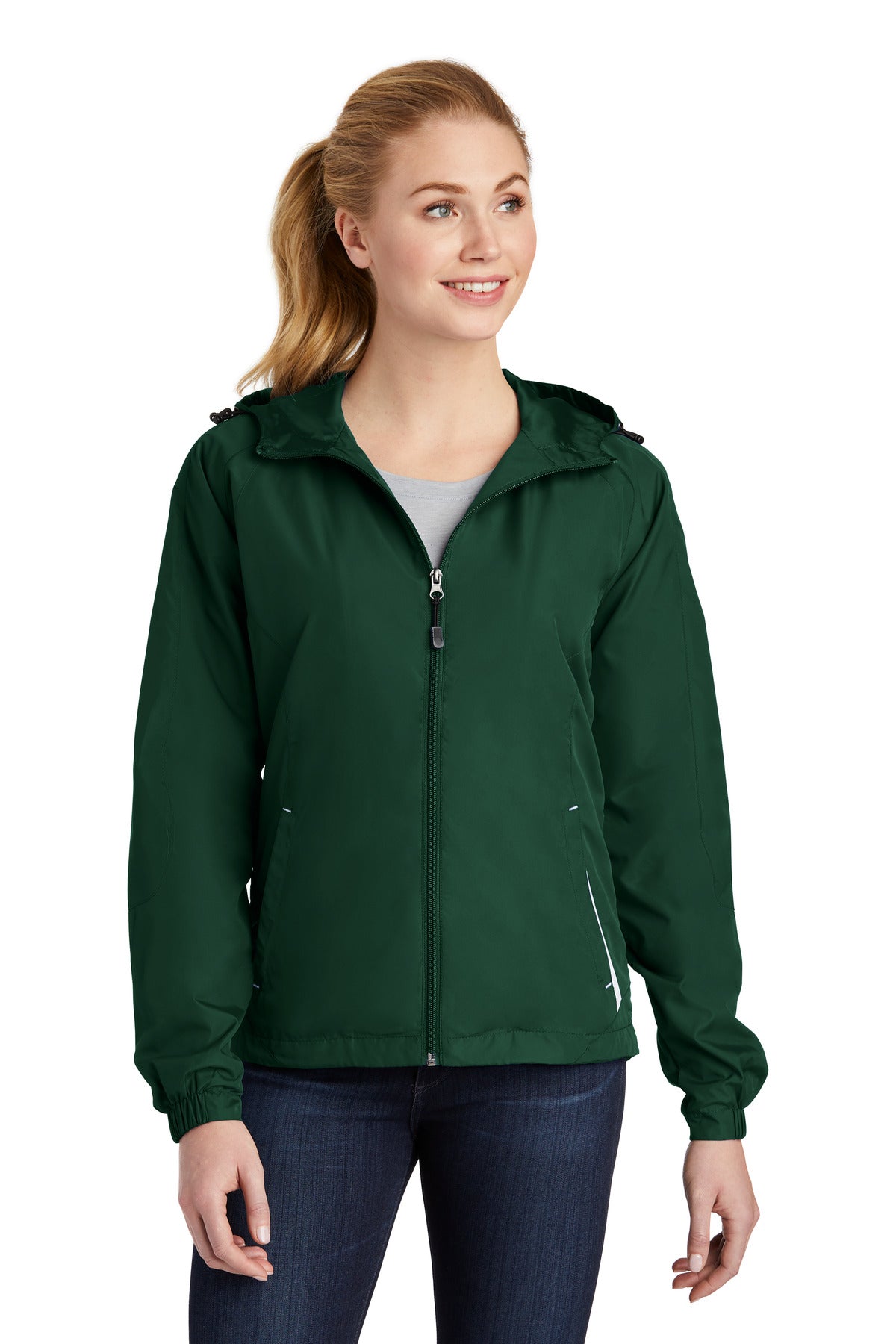 Sport-Tek Women's Colorblock Hooded Raglan Jacket. LST76 Forest Green/ White
