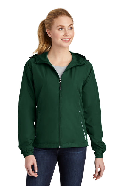Sport-Tek Women's Colorblock Hooded Raglan Jacket. LST76 Forest Green/ White