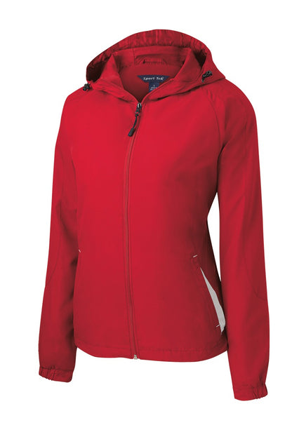 Sport-Tek Women's Colorblock Hooded Raglan Jacket. LST76 True Red/ White