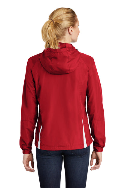 Sport-Tek Women's Colorblock Hooded Raglan Jacket. LST76 True Red/ White
