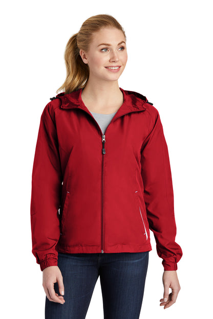 Sport-Tek Women's Colorblock Hooded Raglan Jacket. LST76 True Red/ White
