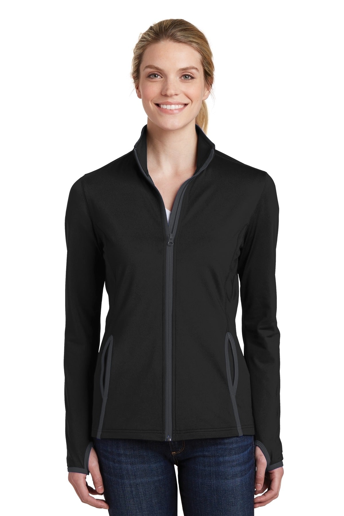Sport-Tek Women's Sport-Wick Stretch Contrast Full-Zip Jacket.  LST853 Black/ Charcoal Grey