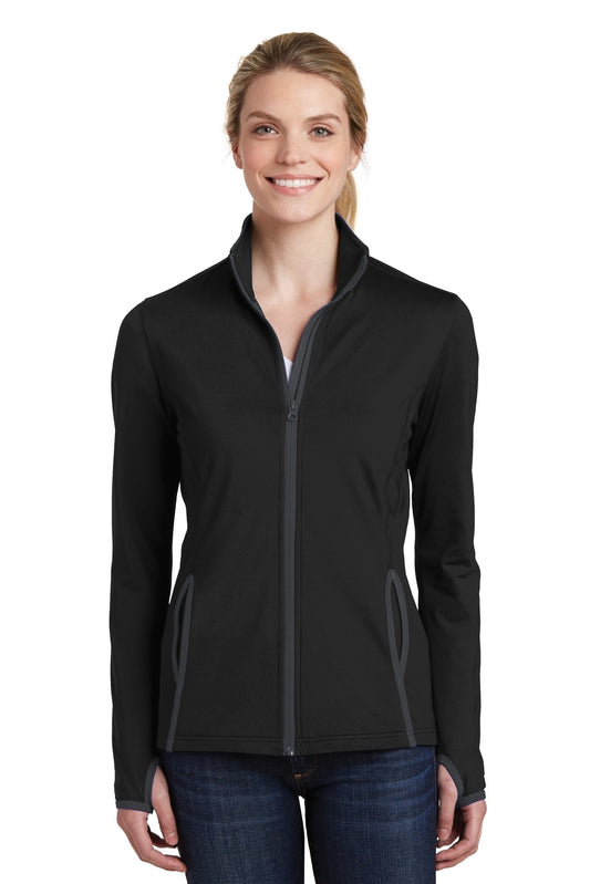 Sport-Tek Women's Sport-Wick Stretch Contrast Full-Zip Jacket.  LST853 Black/ Charcoal Grey