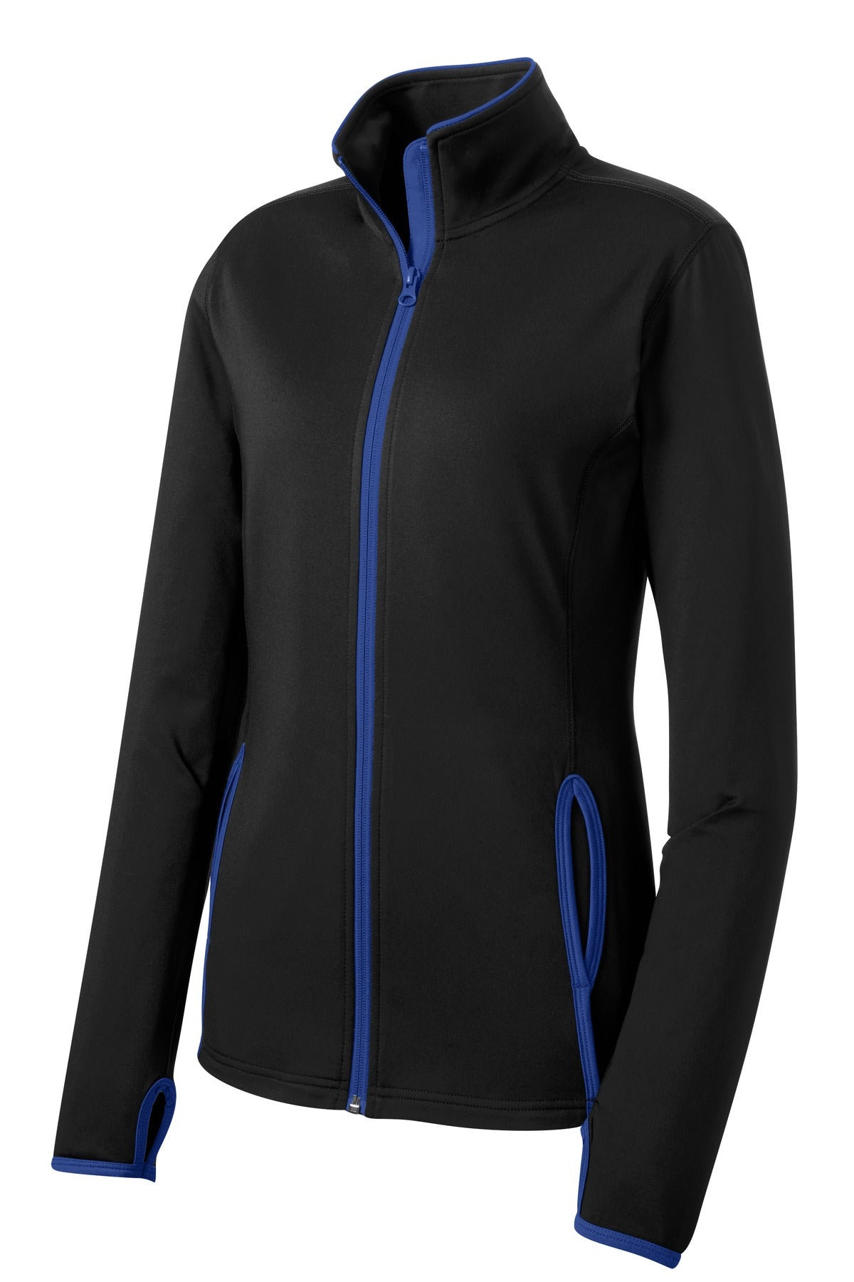 Sport-Tek Women's Sport-Wick Stretch Contrast Full-Zip Jacket.  LST853 Black/ True Royal