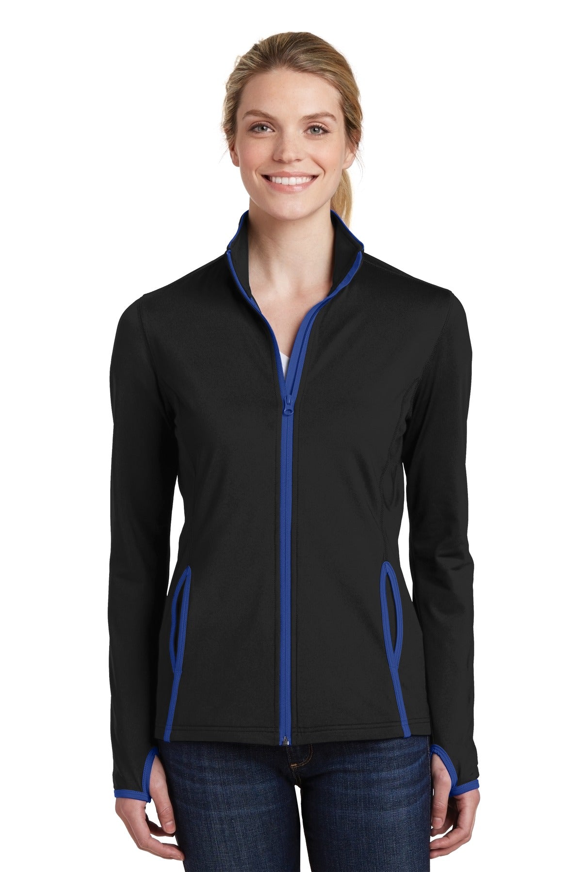 Sport-Tek Women's Sport-Wick Stretch Contrast Full-Zip Jacket.  LST853 Black/ True Royal