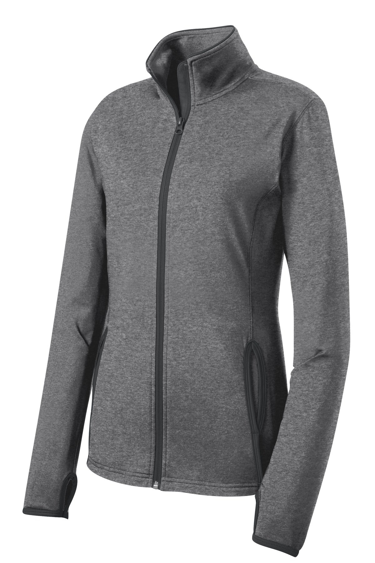 Sport-Tek Women's Sport-Wick Stretch Contrast Full-Zip Jacket.  LST853 Charcoal Grey Heather/ Charcoal Grey