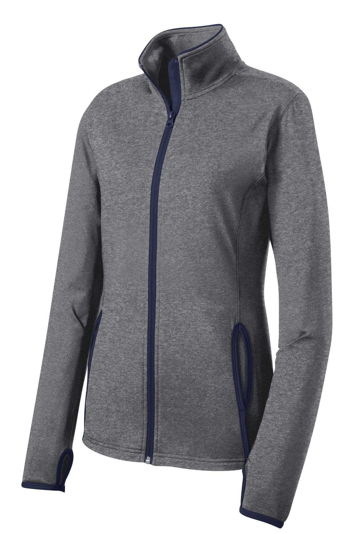 Sport-Tek Women's Sport-Wick Stretch Contrast Full-Zip Jacket.  LST853 Charcoal Grey Heather/ True Navy