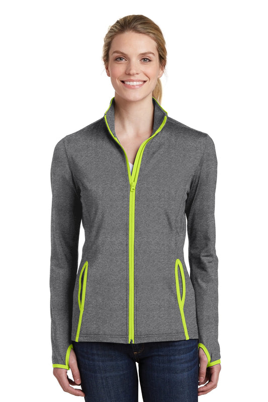 Sport-Tek Women's Sport-Wick Stretch Contrast Full-Zip Jacket.  LST853 Charcoal Grey Heather/ Charge Green