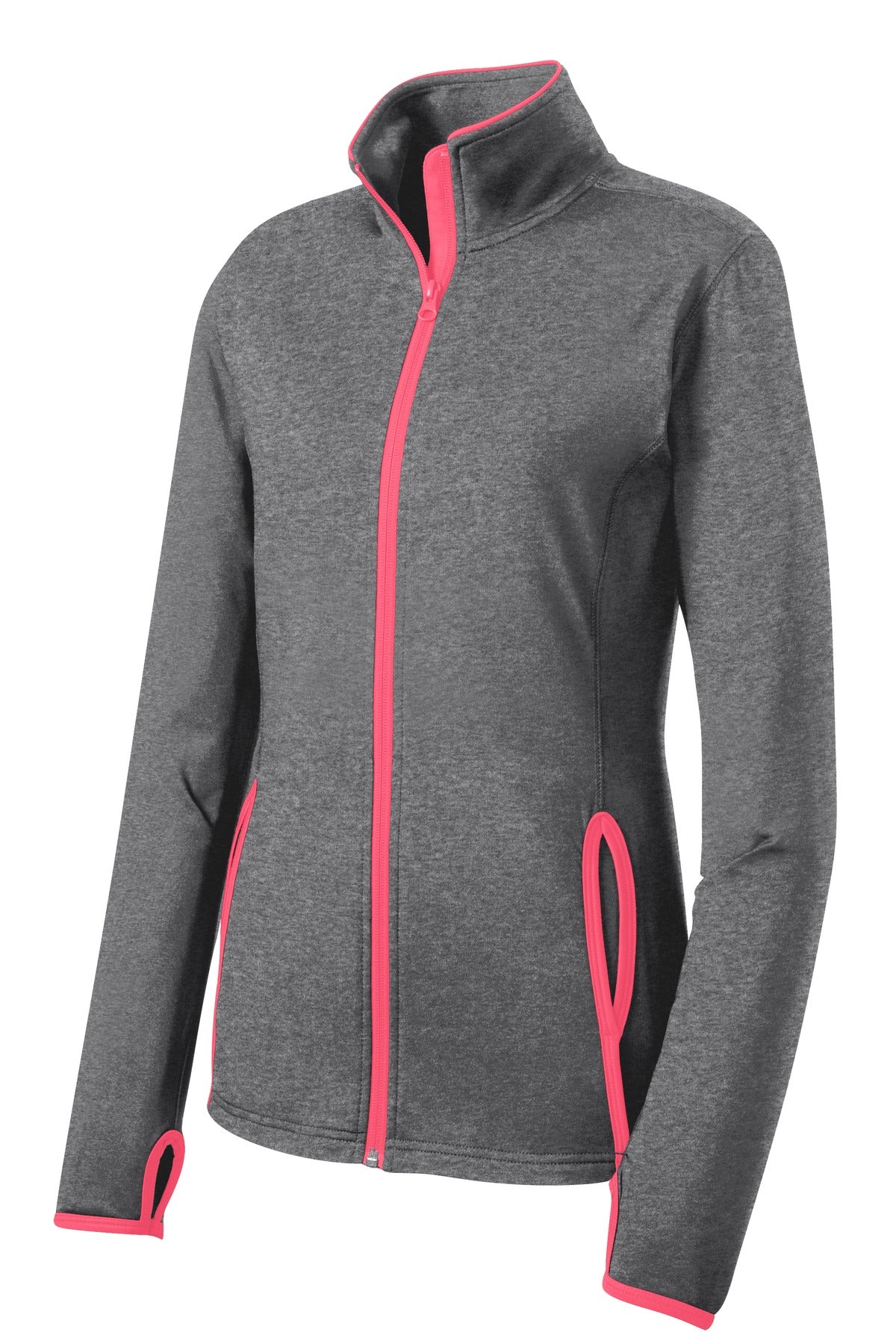 Sport-Tek Women's Sport-Wick Stretch Contrast Full-Zip Jacket.  LST853 Charcoal Grey Heather/ Hot Coral