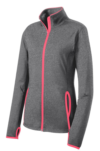 Sport-Tek Women's Sport-Wick Stretch Contrast Full-Zip Jacket.  LST853 Charcoal Grey Heather/ Hot Coral