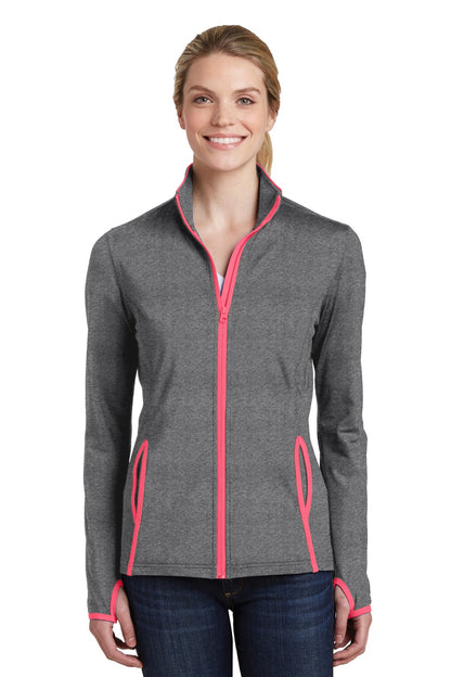 Sport-Tek Women's Sport-Wick Stretch Contrast Full-Zip Jacket.  LST853 Charcoal Grey Heather/ Hot Coral