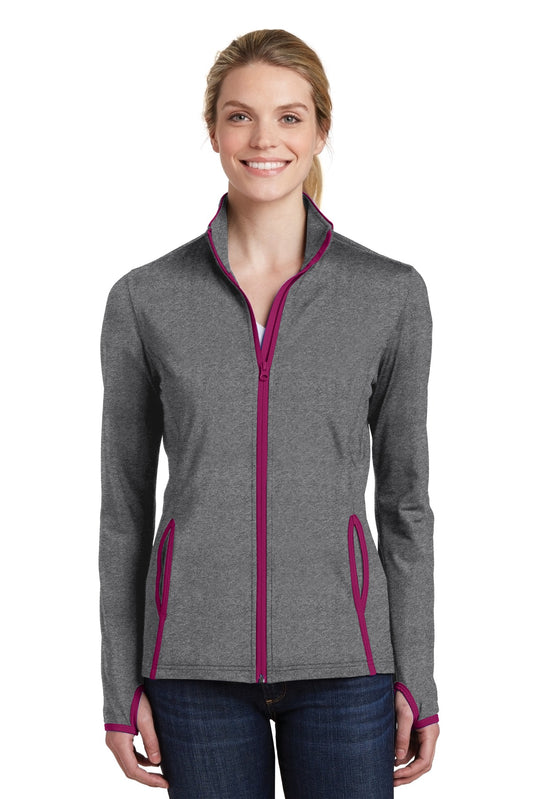 Sport-Tek Women's Sport-Wick Stretch Contrast Full-Zip Jacket.  LST853 Charcoal Grey Heather/ Pink Rush