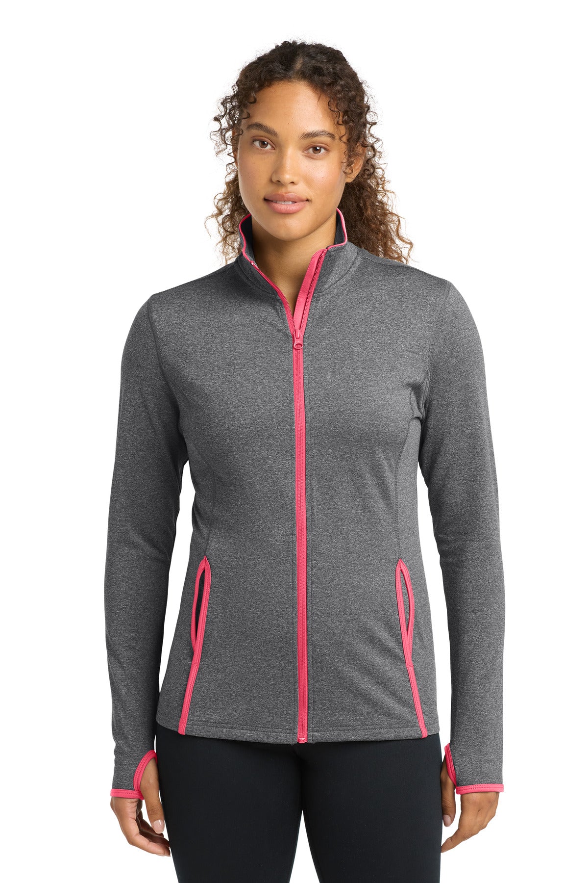 Sport-Tek Women's Sport-Wick Stretch Contrast Full-Zip Jacket LST853 Charcoal Grey Heather/ Hot Coral