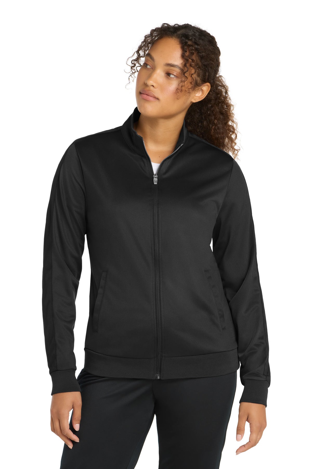 Sport-Tek Ladies Tricot Sleeve Stripe Track Jacket LST94 Black/ Black