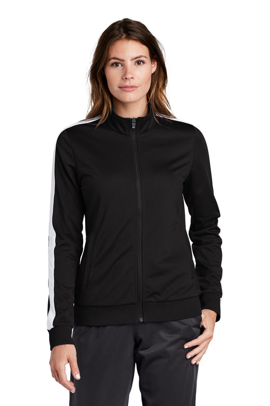 Sport-Tek  Ladies Tricot Sleeve Stripe Track Jacket. LST94 Black/ White