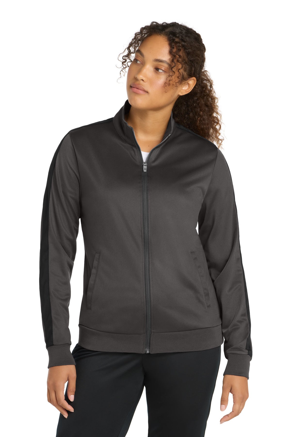 Sport-Tek Ladies Tricot Sleeve Stripe Track Jacket LST94 Graphite/ Black