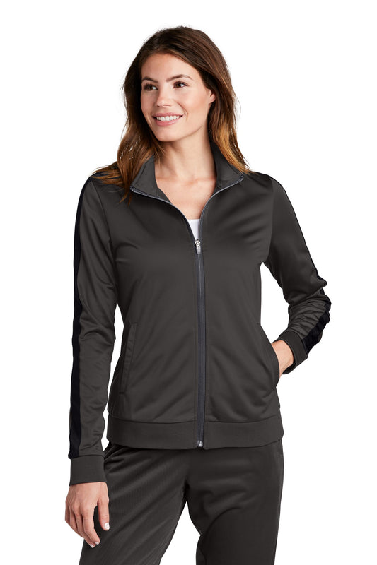 Sport-Tek  Ladies Tricot Sleeve Stripe Track Jacket. LST94 Graphite/ Black