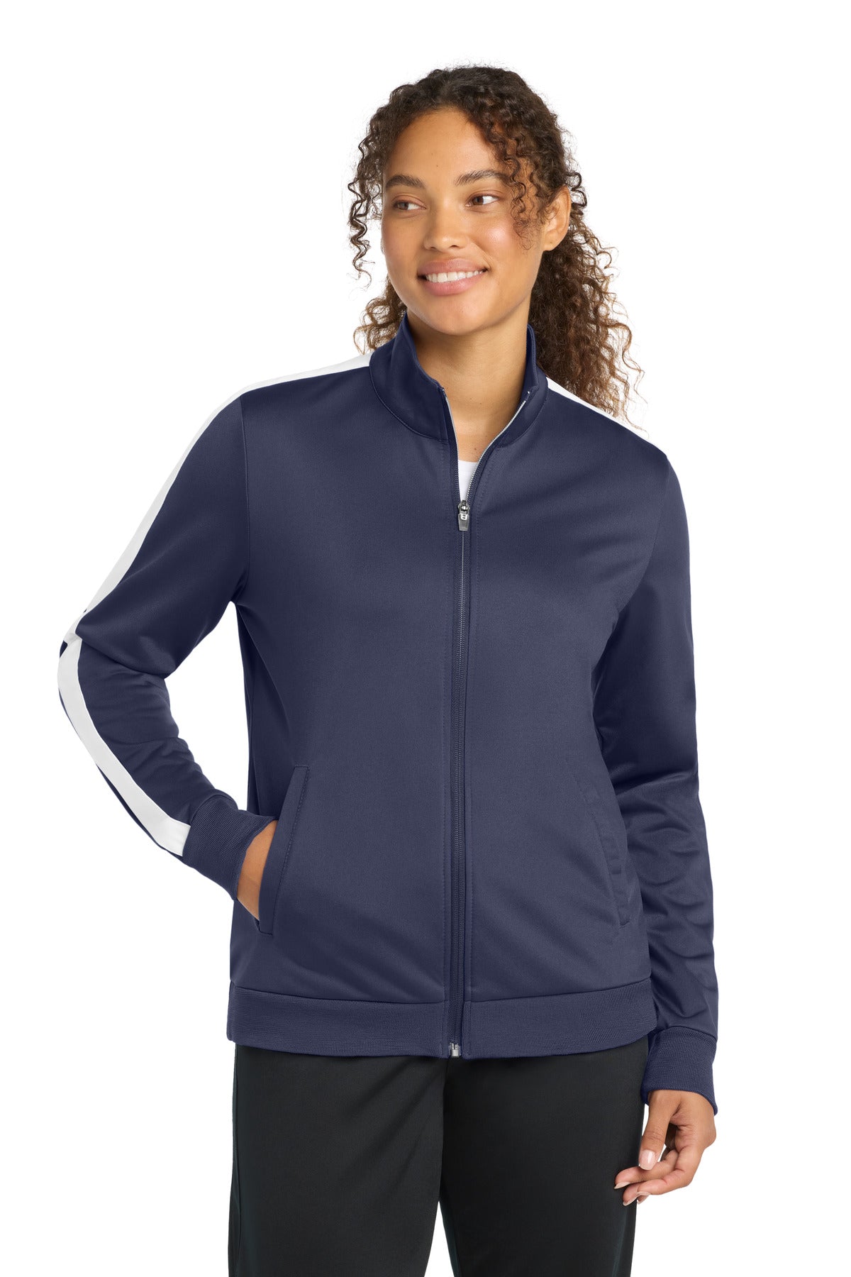 Sport-Tek Ladies Tricot Sleeve Stripe Track Jacket LST94 True Navy/ White