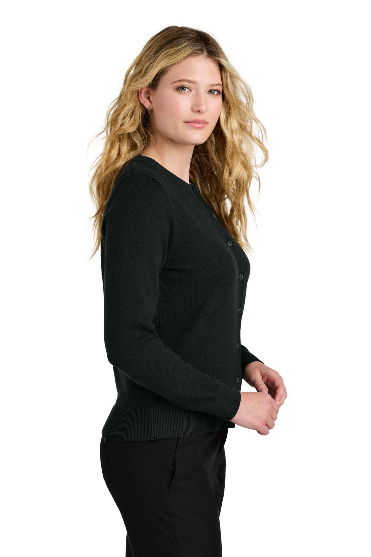 Port Authority Women's Easy Care Crewneck Cardigan Sweater LSW2870 Deep Black