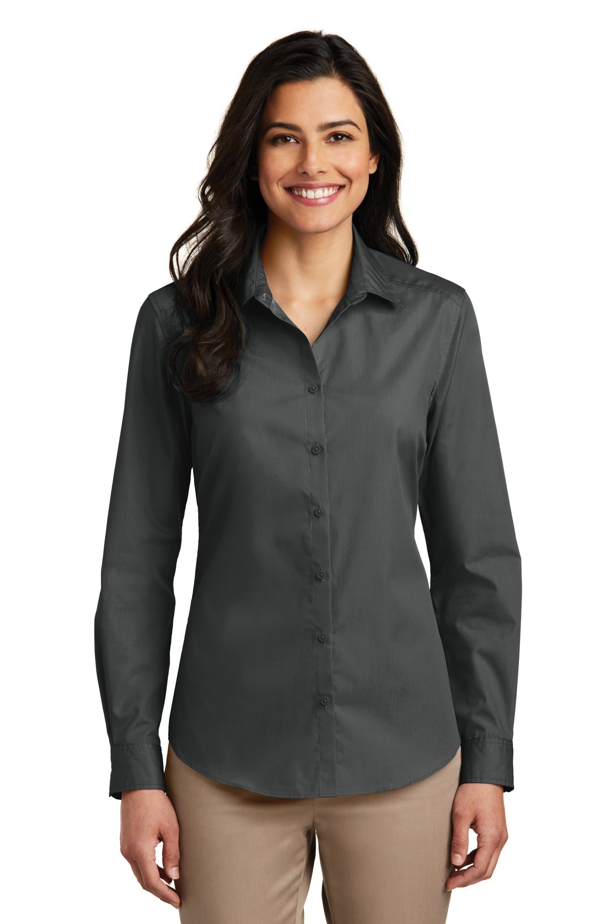 Port Authority Women's Long Sleeve Carefree Poplin Shirt. LW100 Graphite